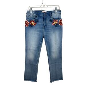Driftwood Colette Mid Rise Fray Jean Straight Crop Floral Applique Size 30 EUC